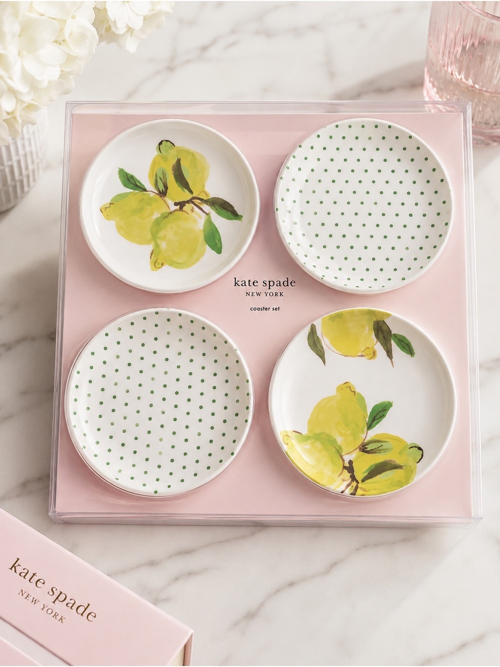 Kate Spade Yellow Lemon & Green Polka Dot Ceramic Coaster Set of 4 NIB